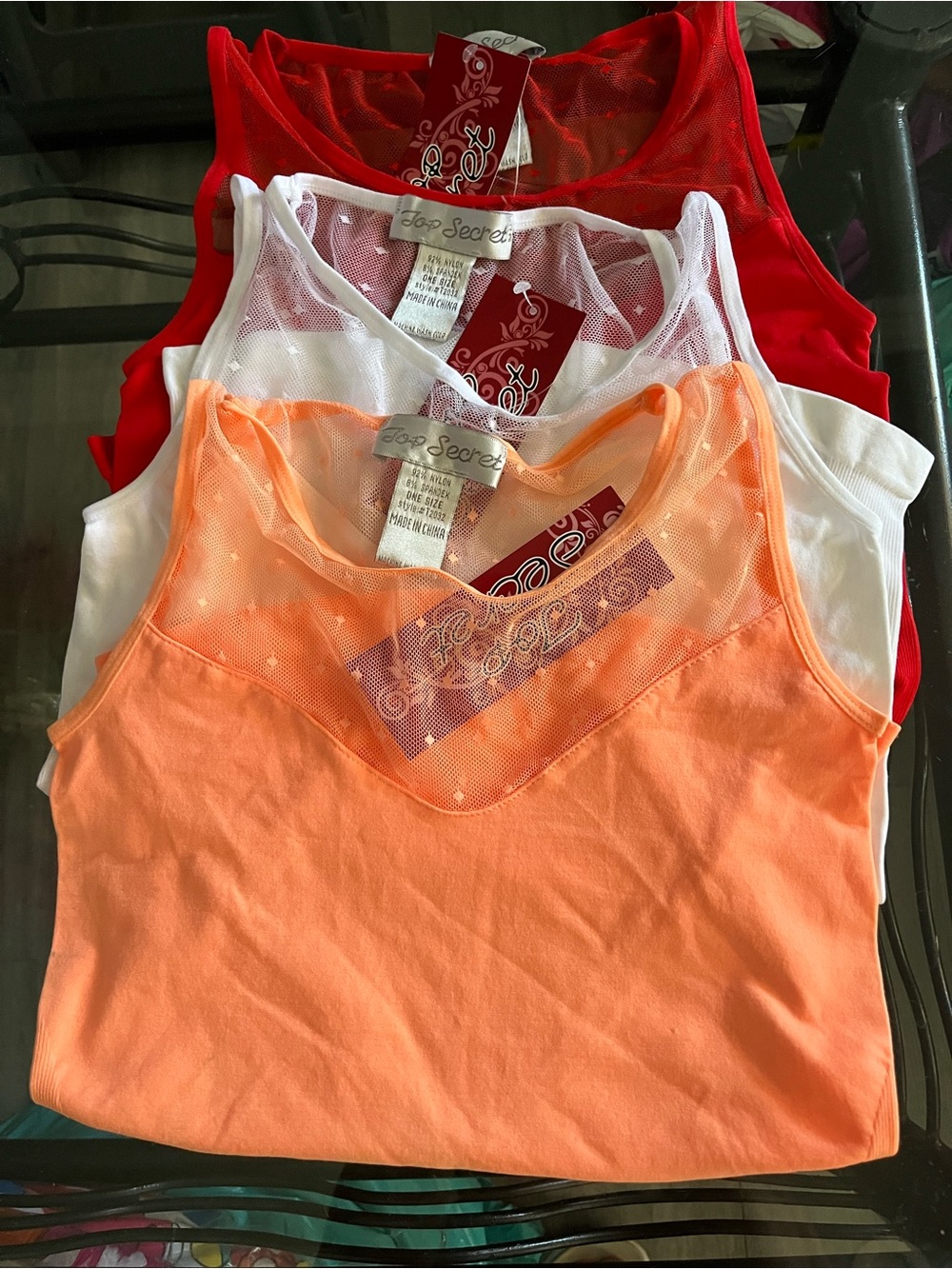 Top Secret Women's Mesh Yoke Tank Top - Orange, White, Red, bundle